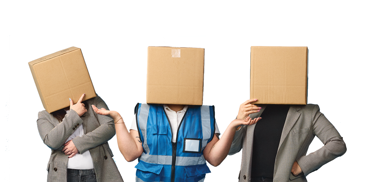 Three people standing side by side with cardboard boxes over their heads, rejecting or puzzling at something.