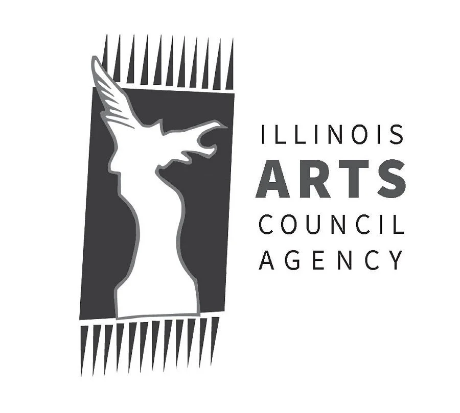 Black and white logo of Illinois Arts Council Agency featuring a stylized figure of a bird with outstretched wings and vertical lines at the top and bottom.