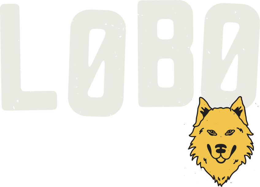 Stylized text reading 'LOBO' with a smiling wolf illustration in yellow and black, featuring sharp eyes and ears, placed at the bottom right of the text.