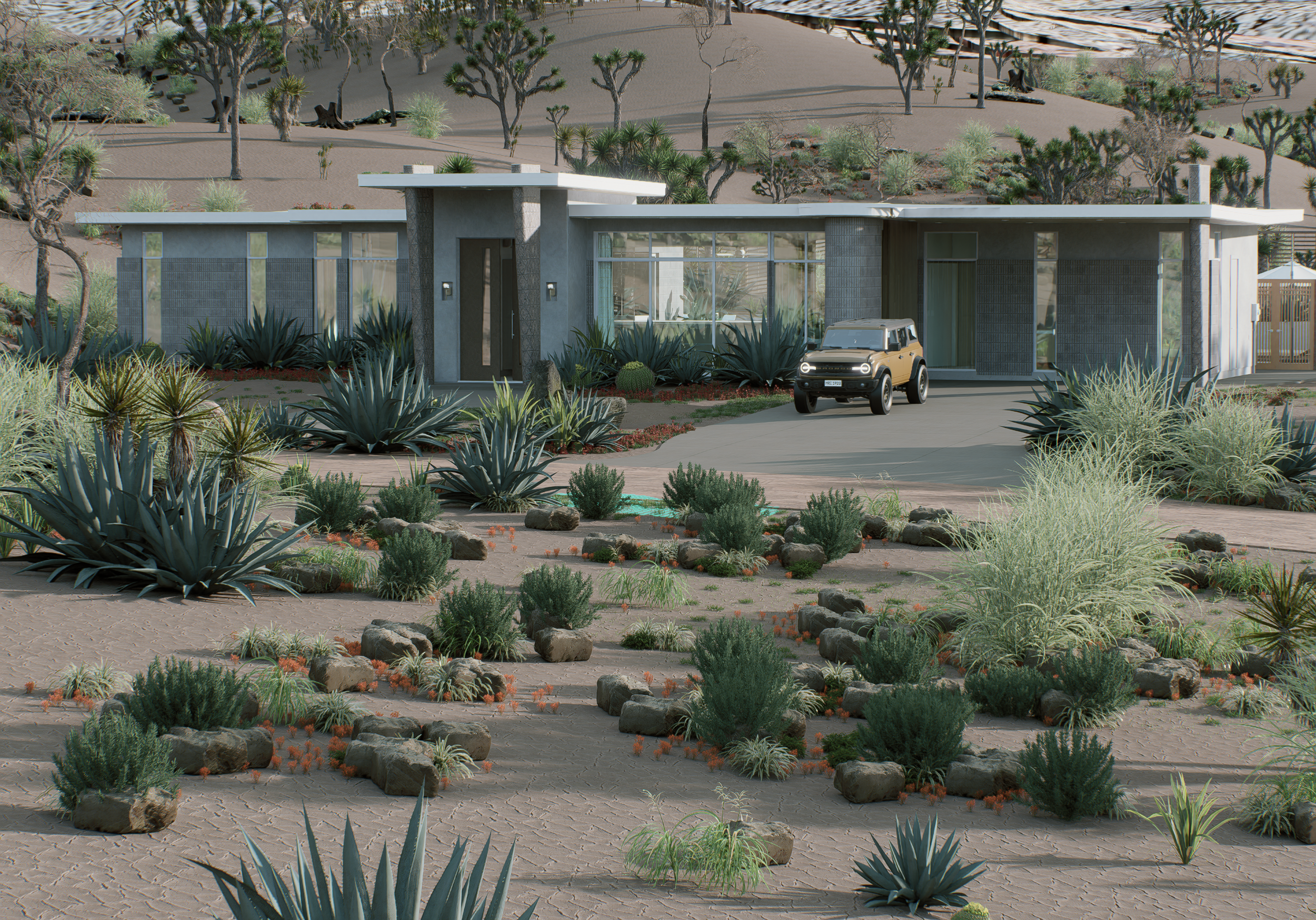 Modern house with large glass windows and a flat roof, surrounded by desert landscaping with various desert plants and rocks, and a vehicle parked in the driveway.