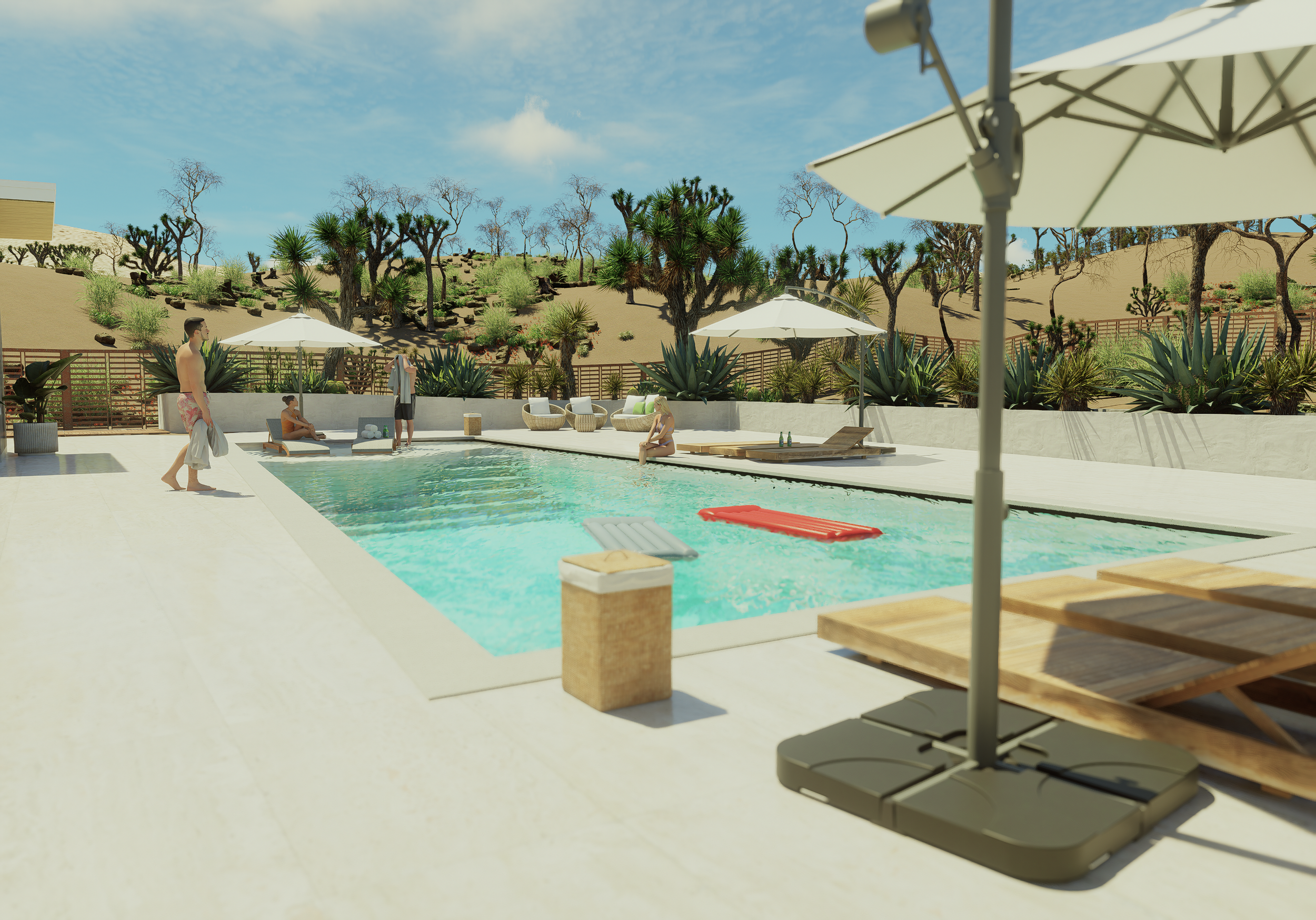 People relaxing at a poolside area with white umbrellas and outdoor seating, surrounded by desert and yucca plants under a blue sky.