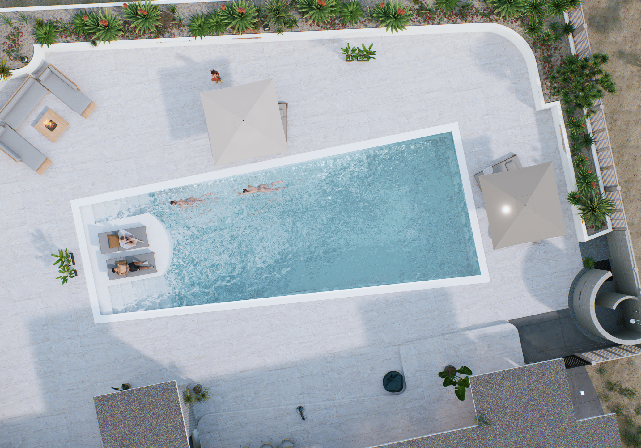 Aerial view of a rooftop swimming pool with two people swimming, surrounding lounge chairs, umbrellas, and greenery with potted plants and desert plants along the edges.