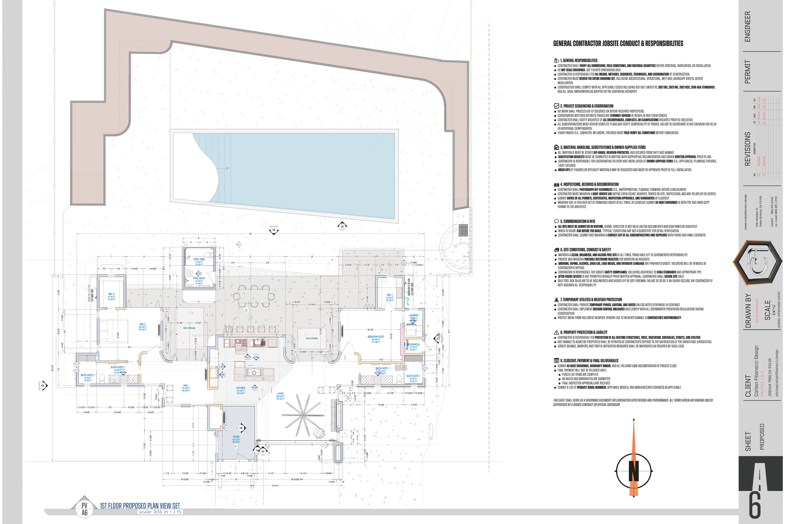 Architectural site plan with building layout, pool, bathrooms, and landscape features. West side shows a large area with pool, and the building layout includes bedrooms, bathrooms, and common areas. North arrow and scale included.