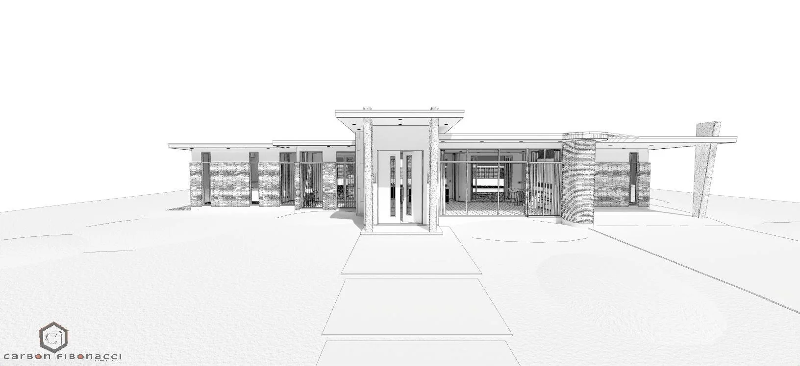 Architectural drawing of a modern single-story house with a flat roof, brick and glass exterior, central entrance, and large windows.