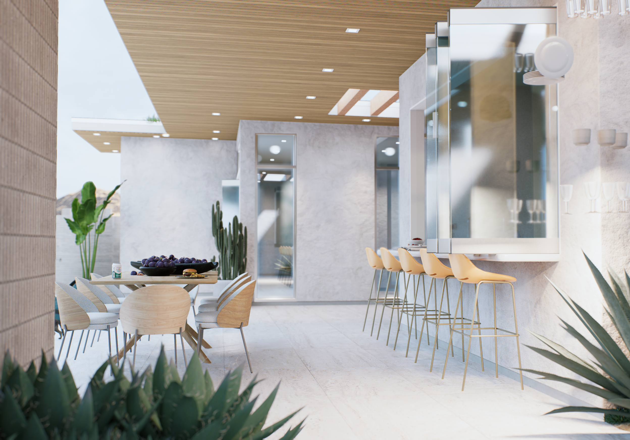 Modern outdoor patio with wooden ceiling, white textured walls, dining table with wooden chairs, and a bar with beige stools, decorated with potted cacti and succulents.