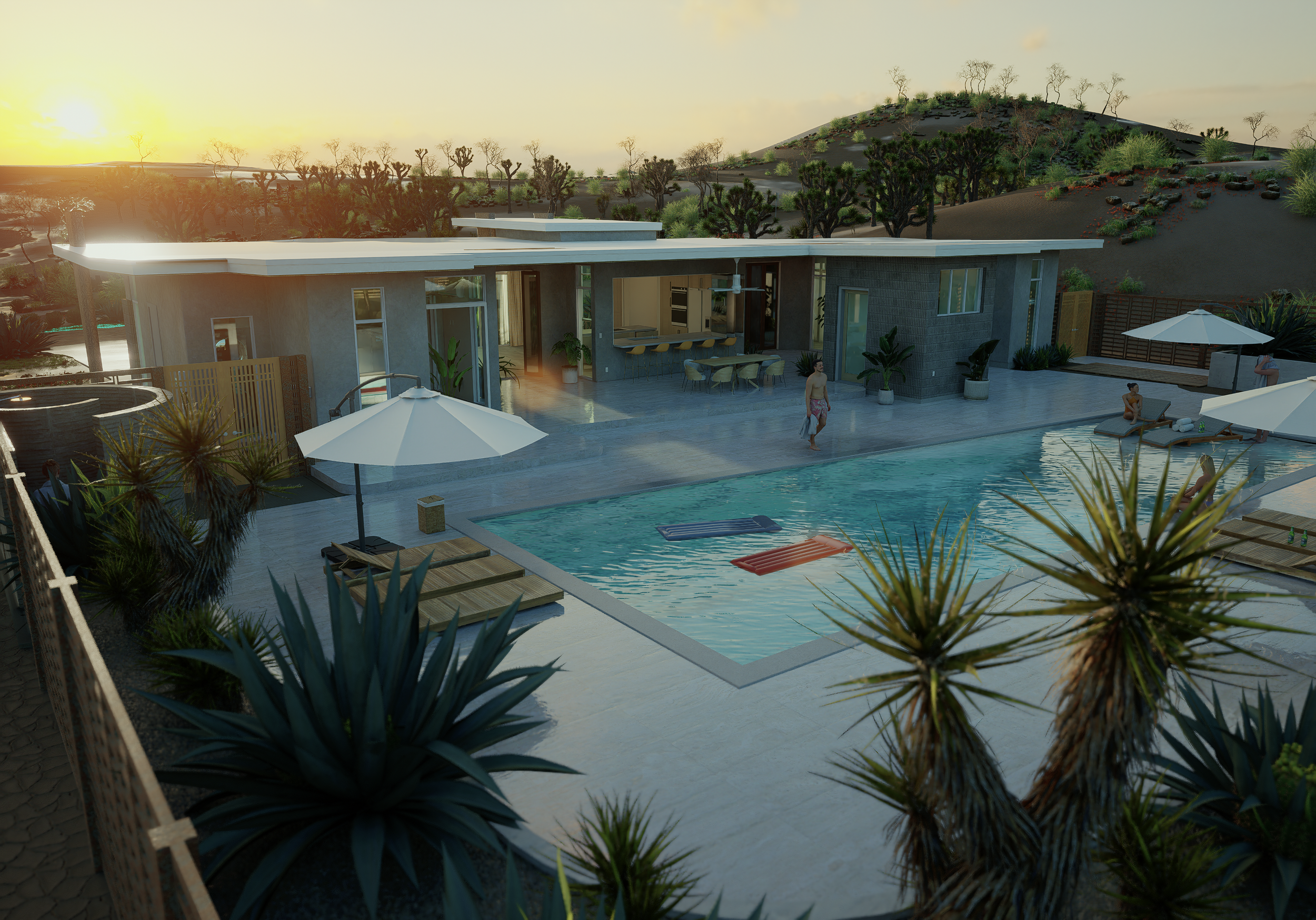 Modern house with pool and outdoor seating area, surrounded by desert landscape with trees and hills at sunset.