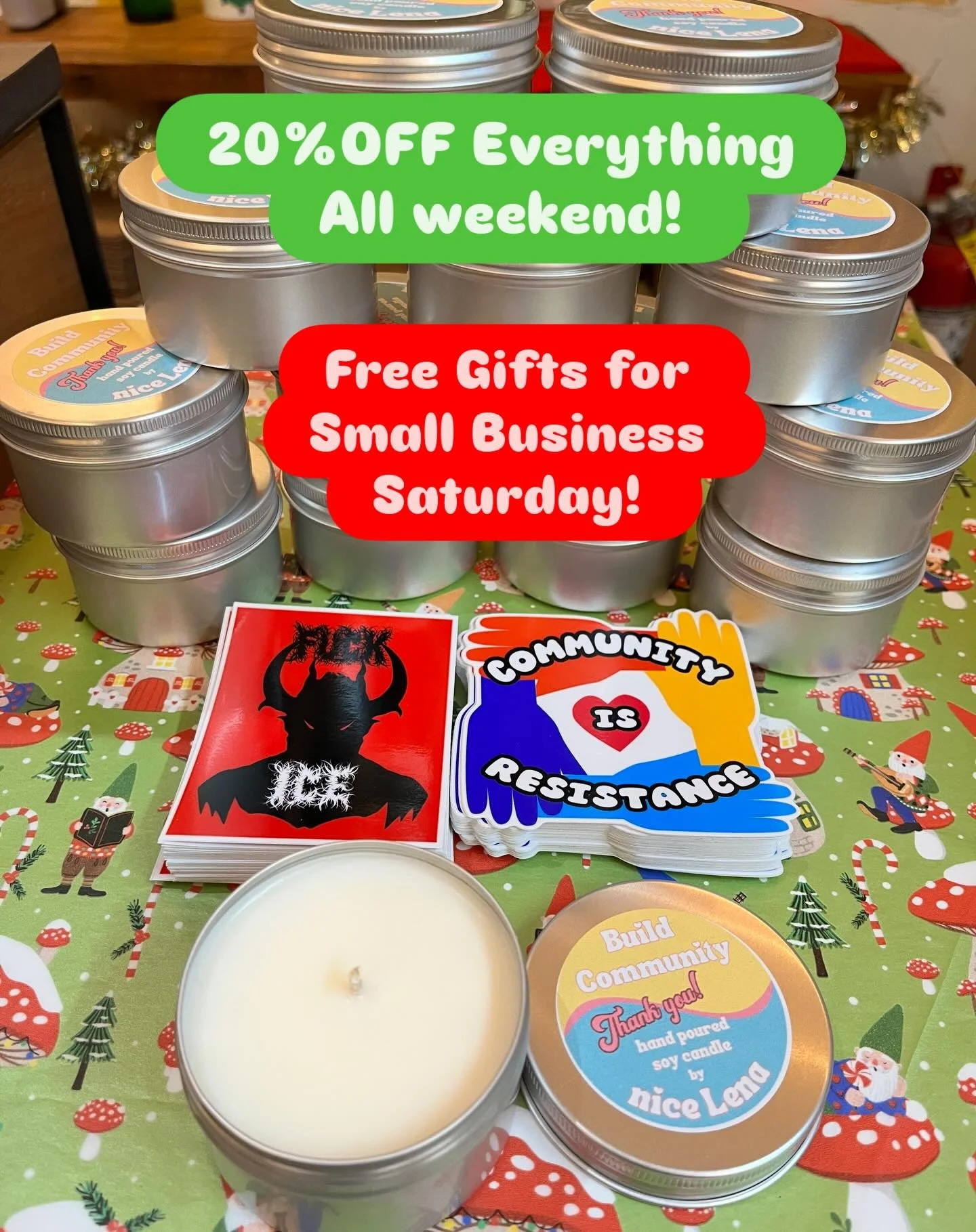 Small 🥳Business Saturday- ❤️Free sticker with purchases over $10 and 🌲🌲Free Fraser Fir 🕯️candle with purchases over $50.  Let&rsquo;s keep the party going! See you in the morning! #evanston #shopsmall #shoplocal