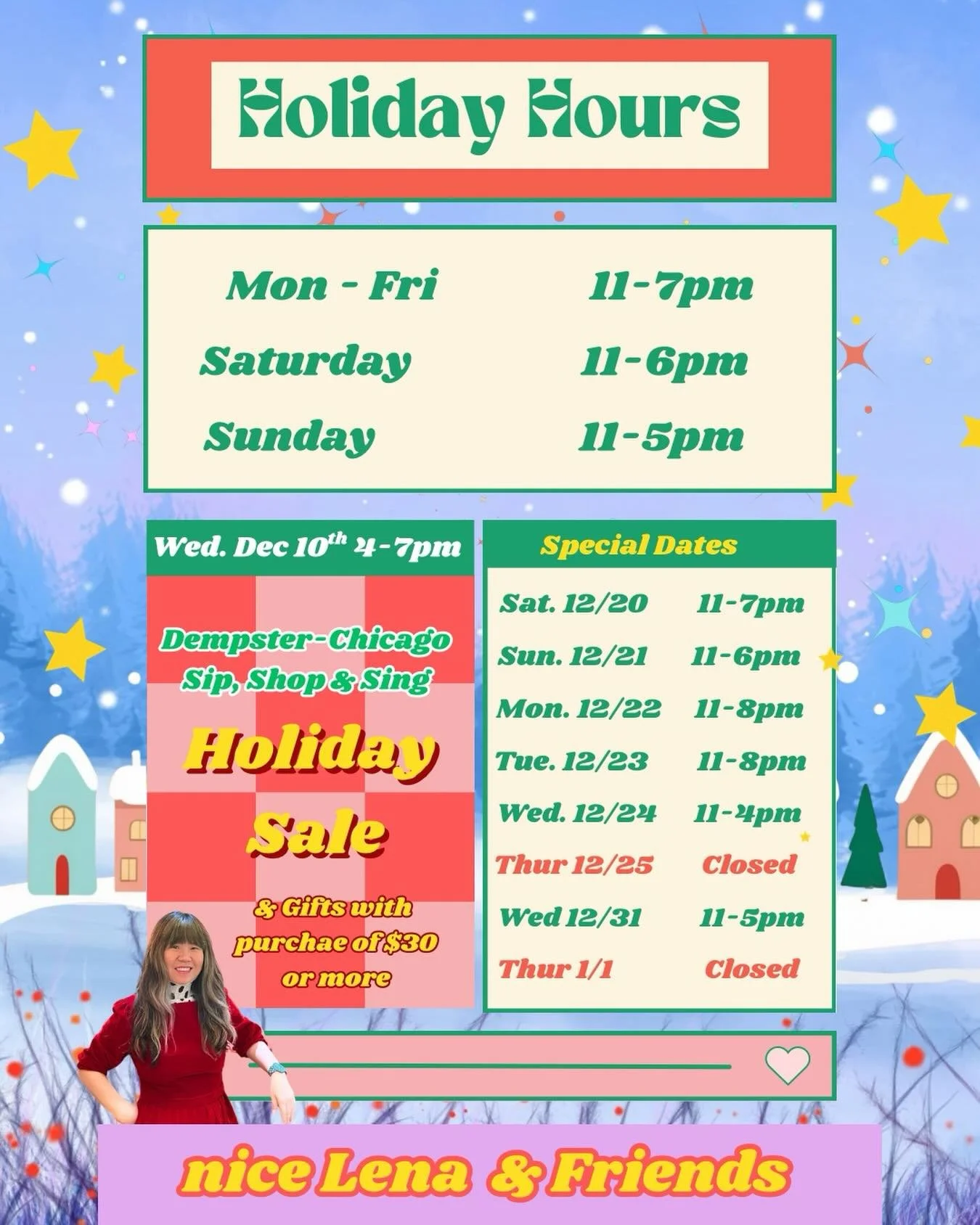Here are our holiday hours for the rest of 2025! 🏋🏼&zwj;♀️🥳 Special event coming up this week, Wednesday 12/10! It&rsquo;s Dempster- Chicago Sol, Shop, &amp; Sing. I will not be singing but there will be carolers out in the neighborhood! 🎄 

🎅 L