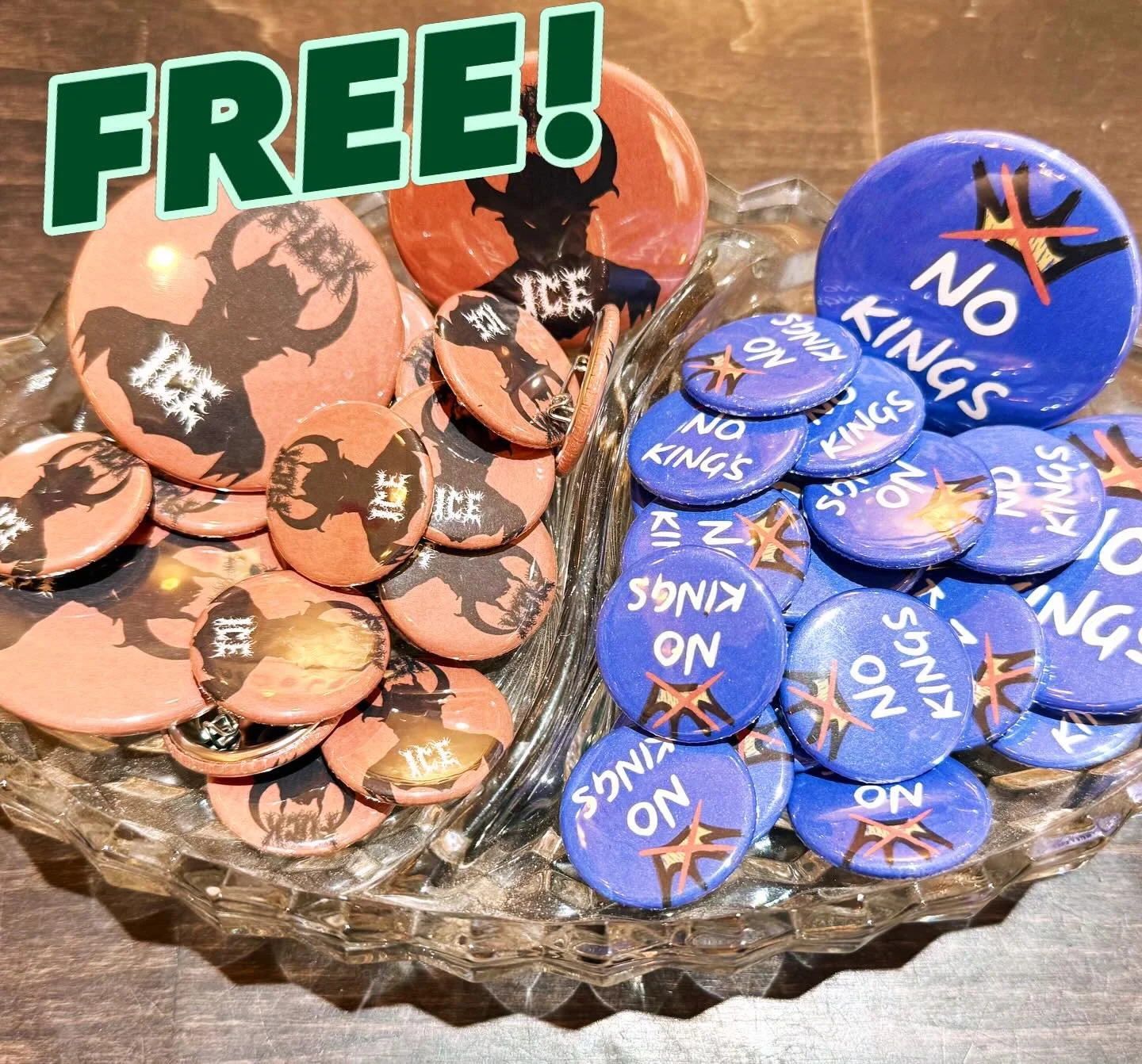 Stop by and grab a pin for No Kings protest on March 28th! One per person, while supplies last. ❤️☮️
