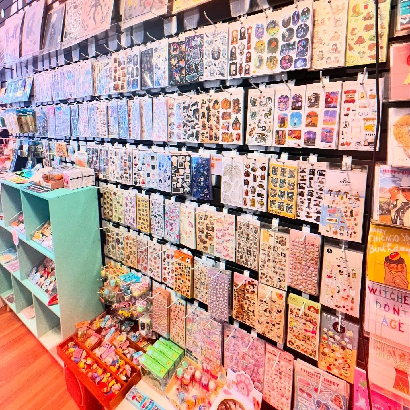 Look at how handsome our sticker sheet wall is? It&rsquo;s gorgeous! It&rsquo;s a stunner! Every genre and vibe represented.  Heck yes! #stationery #sticker #stickers #journal #chicago