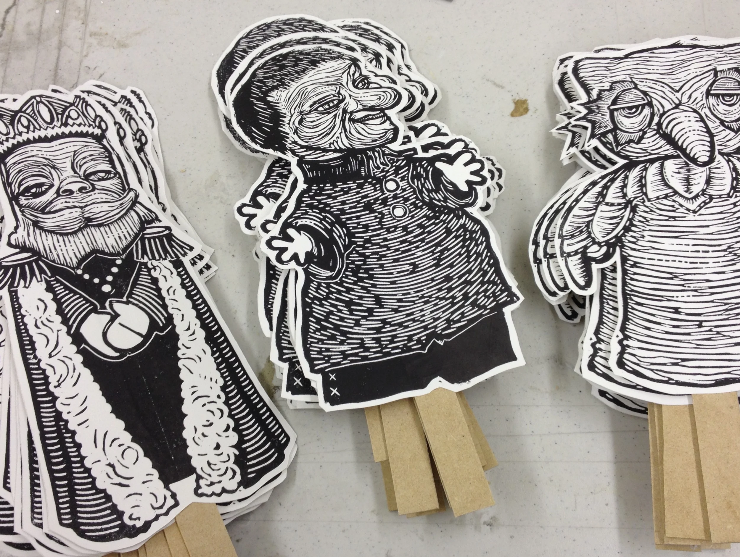 King Friday XIII, Lady Elaine Fairchild, and X the Owl on a stick.