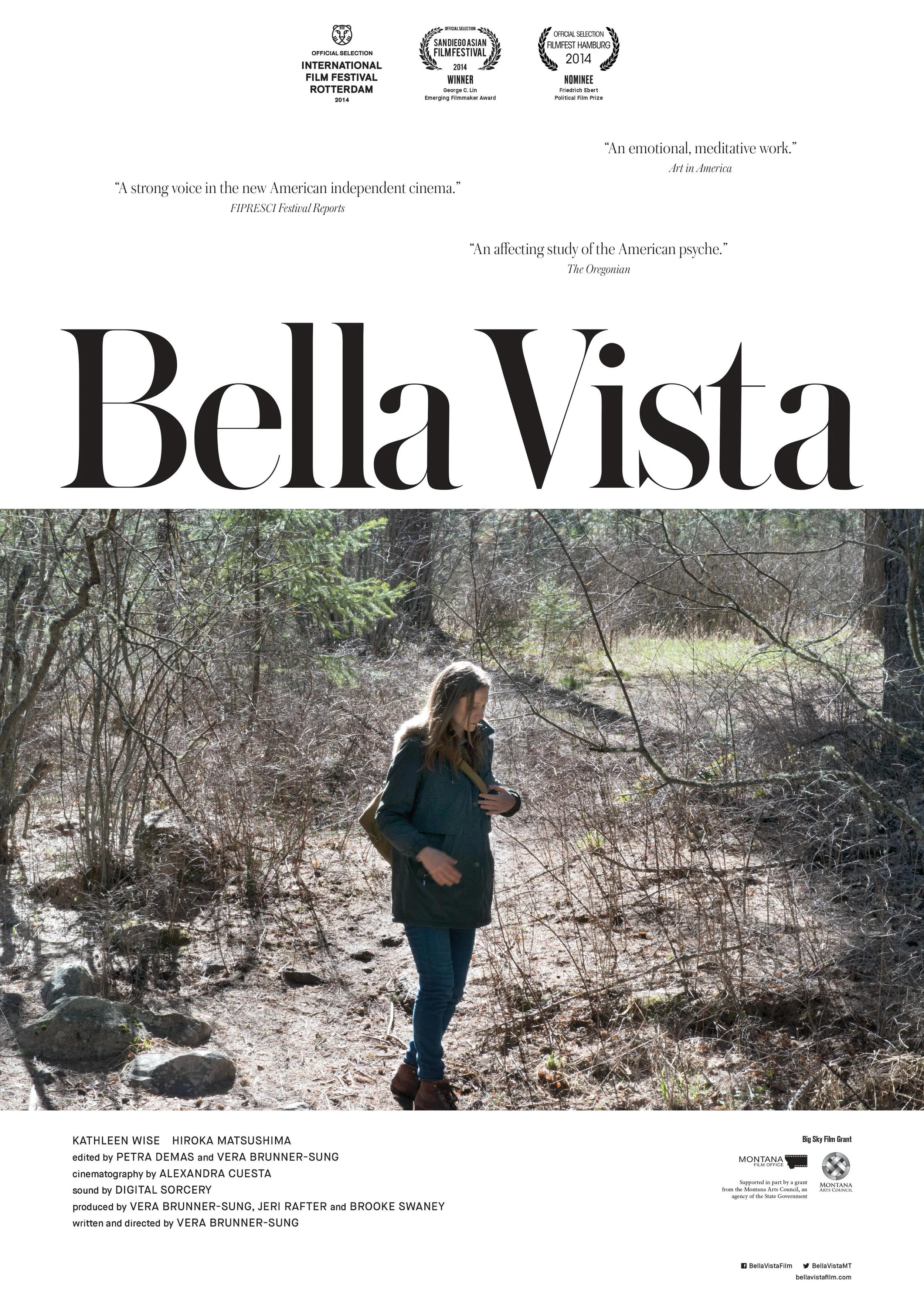 제목 / Title: '벨라 비스타' / 'Bella Vista' 일시/ Date: 2016.07.02.20:00 PM-22:00 PM 프로그램/ Program:@ 20:00 스크리닝 후 감독 베라 브루너-성과 질의 응답 시간을 갖습니다. / Screening followed by a Q&A after the screening with director Vera Brunner-Sung SYNOPSIS 베라 브루너-성의 첫 장편영화는 몬태나주에 위치한 미줄러시에서의 아웃사이더들의 경험을 보여준다. 미국 영어 어학 강사인 Doris (카틀린 와이즈)는 수업을 통하여 그녀의 국제 학생들과 점차 통화되어 가는 모습을 보여준다. 하지만 방과 후에 그녀는 고립감과 외로움 사이에서 방황한다. 그녀의 학생들이 우정과 공동체 의식을 찾아가는 과정을 통해, Doris 는 광활한 서부 풍경의 비밀 속에서 그녀 자신만의 정체성을 발견한다. Vera Brunner-Sung’s first feature follows the experiences of outsiders in Missoula, Montana. American English language instructor Doris (Kathleen Wise) imparts lessons of assimilation to her international students in the classroom. But in her off-hours she is adrift, treading a fine line between solitude and loneliness. As her students find friendship and community, Doris discovers her own true identity in the secrets of the vast Western landscape. CAST AND CREDIT 감독 및 각본: 베라 브루너-성 제작: 베라 브루너-성, 제리 라프터, 브룩 스와니 출연: 카틀린 와이즈, 히로카 마츠시마 2014년 미국 드라마 83 분 프로덕션사: Slowtale, LLC 공식웹사이트: www.bellavistafilm.com Written and directed by Vera Brunner-Sung Produced by Vera Brunner-Sung, Jeri Rafter, and Brooke Swaney Talent: Kathleen Wise, Hiroka Matsushima 2014 USA Drama 83 minutes Production company: Slowtale, LLC Official website: www.bellavistafilm.com DIRECTOR'S STATEMENT 나는 자신의 기원에서 분리되었을 때 일어나는 현상에 대해 관심이 있다. 미국으로 이주했던 어린 시절, 나는 이런 분리가 곧 자유와 기회를 보장한다는 땅에서 자랐다. 하지만 그것의 결과는 어떠한가? Bella Vista는 그 양면을 보여준다: 근본의 상실이 가지고 있는 위헙과, 새로운 출발의 낙관성. 나의 첫 장편영화의 원고는 2011 년 몬태나로 처음 이사 왔을 당시의 경험에서 영감을 받았다. Bella Vista는 2014 년 1 월 Rotterdam 국제 영화 페스티벌에서 첫 월드 프리미어 스크리닝 후, 샌디에이고 아시아 영화제에서 George C. Lin 신진 영화 제작자상을 수상했다. I am interested in what happens when we are separated from our origins. The child of immigrants to the United States, I grew up in a land that considers this removal a promise of freedom and opportunity. But what are its consequences? Bella Vista explores both sides: the perils of rootlessness, as well as the optimism of new beginnings. My first feature, the script was inspired in part by my own experience moving to Montana in 2011. Bella Vista had its world premier at the International Film Festival Rotterdam in January 2014 and was awarded the George C. Lin Emerging Filmmaker Award at the 15th San Diego Asian Film Festival.
