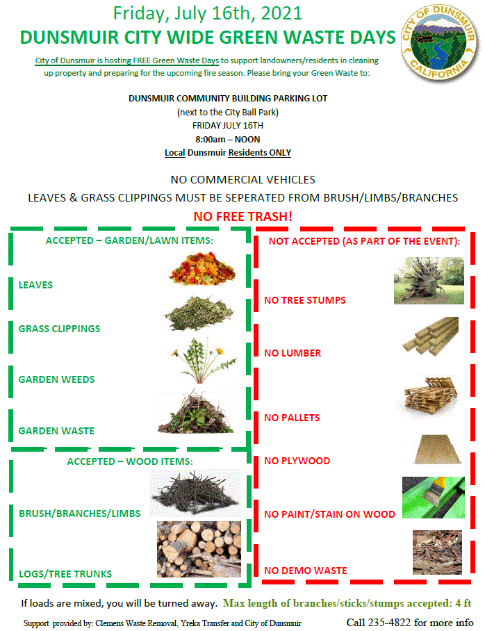 City of Dunsmuir -  GREEN WASTE DAYS - Happening FRIDAY July 16th, 2021