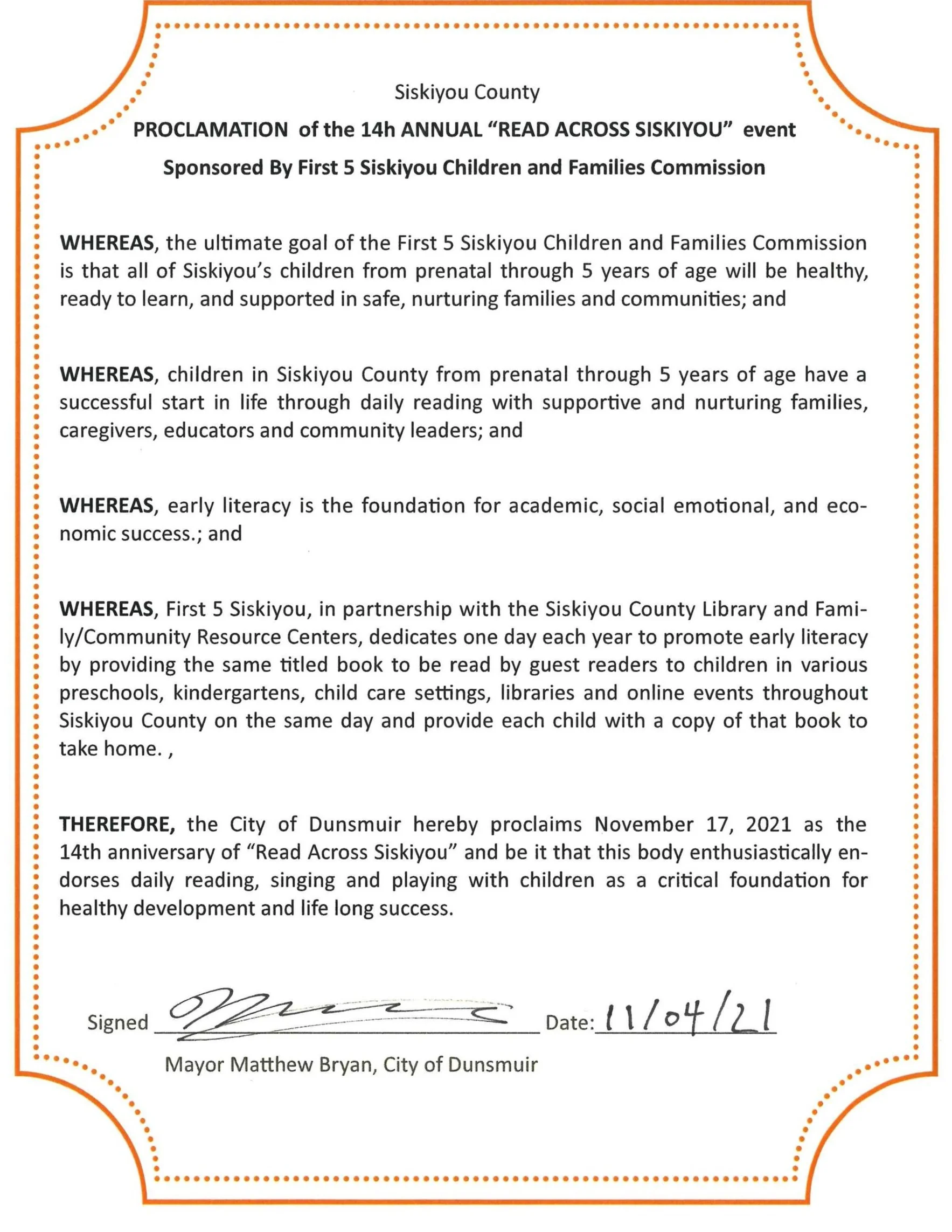 Dunsmuir "Read Across Siskiyou" Proclamation