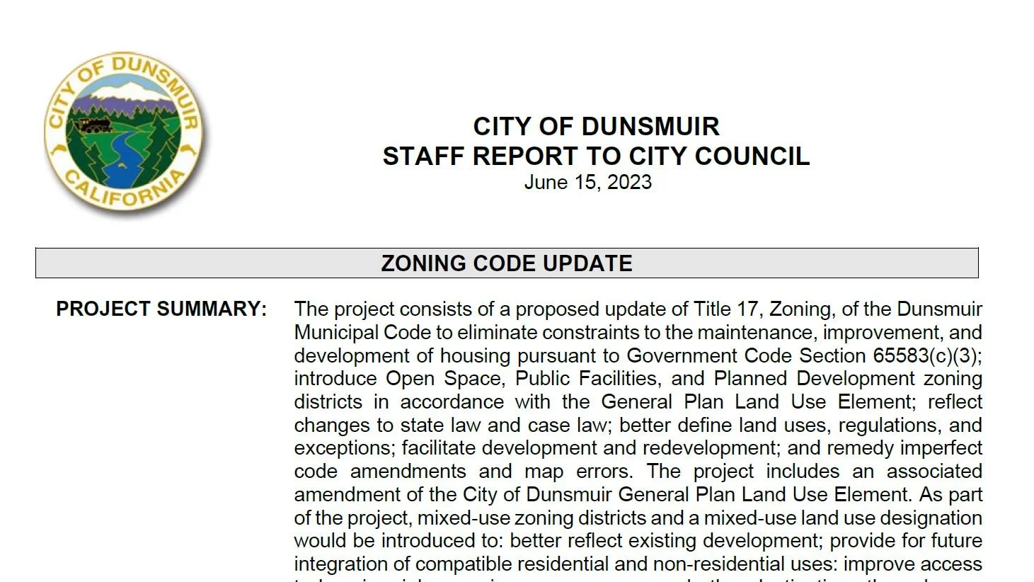 Dunsmuir Municipal Zoning Code Update