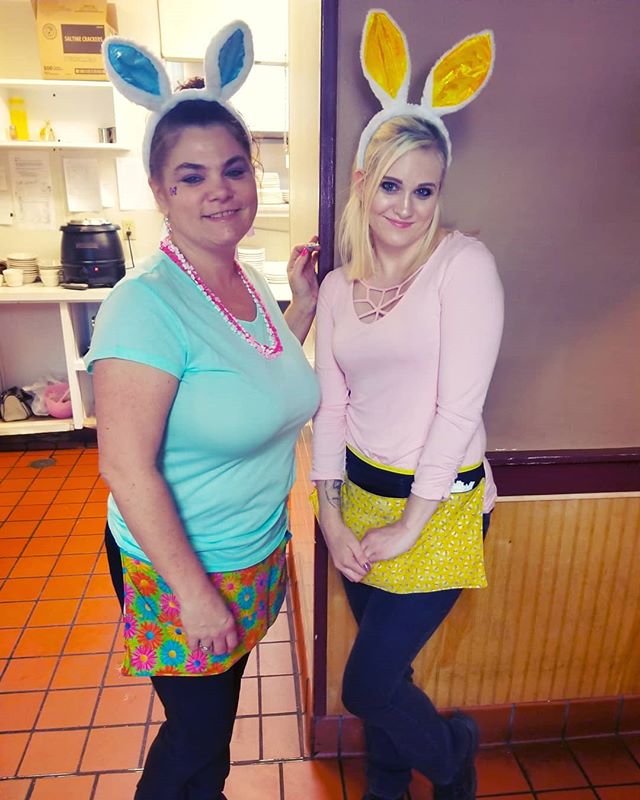 Throw 🔙 to when we had little bunnies hopping around on Easter! Everyone was very cheerful and we had a sucessful busy day. The girl on the right helped serve a party of 50 that day, and the girl on the left helped serve a party of 20 AND she took t