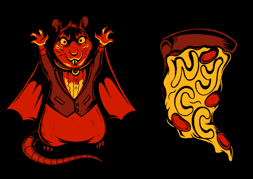 Cartoon of a friendly, devilish-looking cat with red and black fur, wearing a vest and cape, standing with arms raised next to a slice of pizza with cheese and pepperoni.