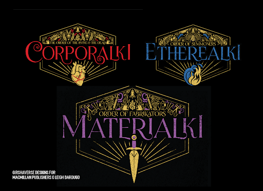 T-shirt designs for the Grishaverse; artwork represents the Grisha factions in Author Leigh Bardugo's Six of Crows and Shadow and Bone Trilogy. 