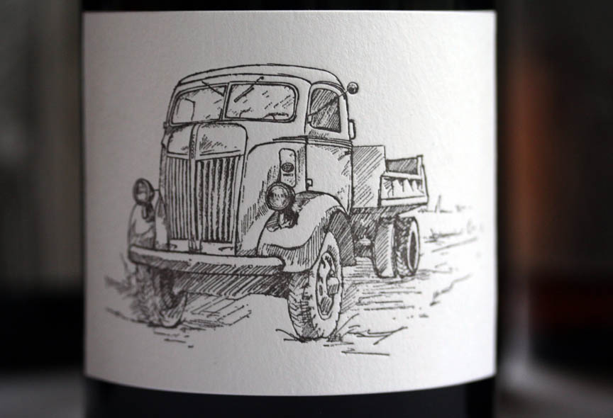 Pencil drawing wine label depicting the Big Table Farm vintage flatbed delivery truck.