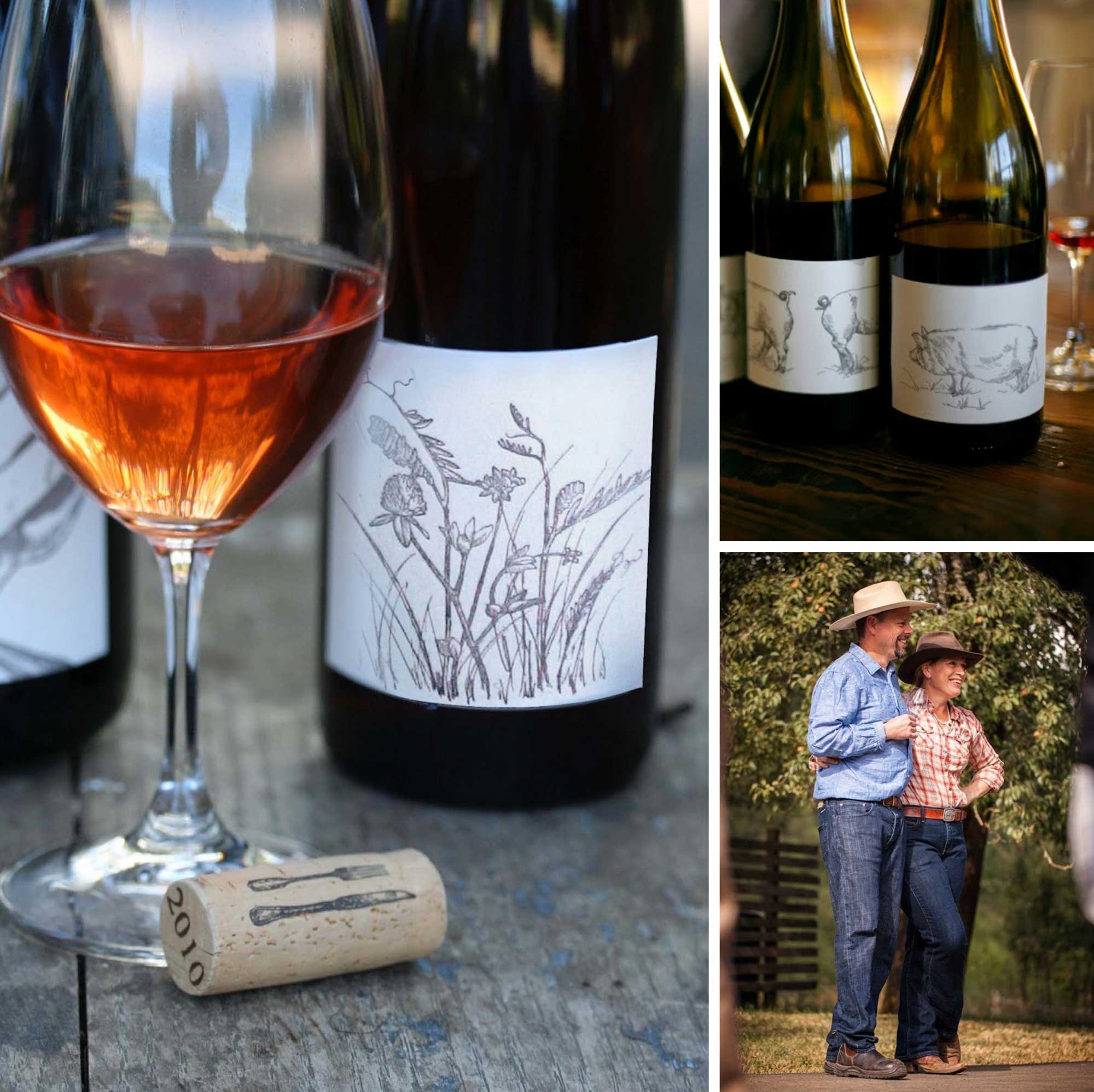 A collage of Big Table Farm bottles of wine with various pencil drawn wine labels by Clare Carver.