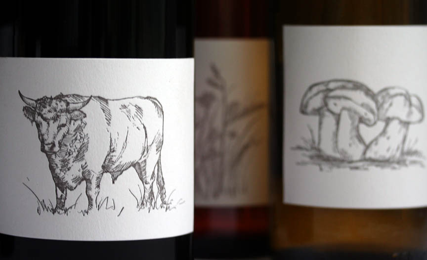 Three different hand drawn Big Table Farm wine labels in pencil by Clare Carver.
