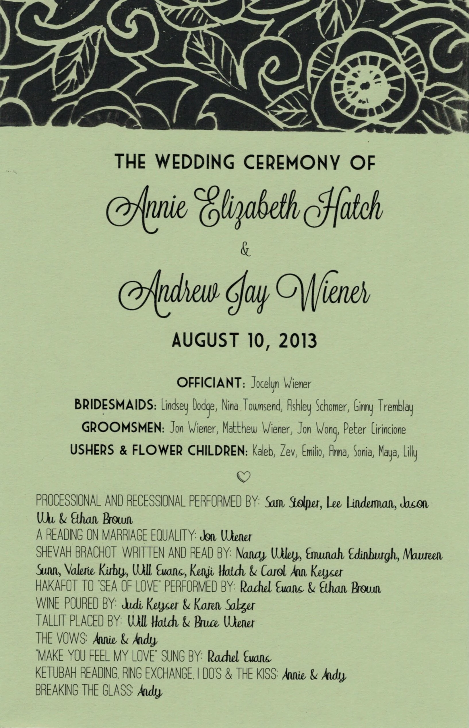 Program with block-print detail, A+A Wedding, 2013