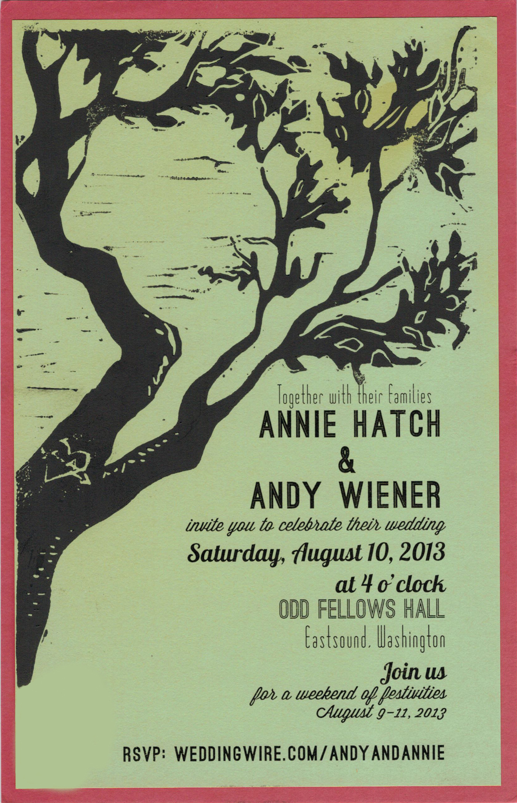 Invitation with block-print detail, A+A Wedding, 2013