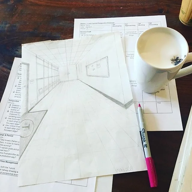 Playing hooky (?) and grading perspective drawings on a #schoolcancelled day @dellafattoria