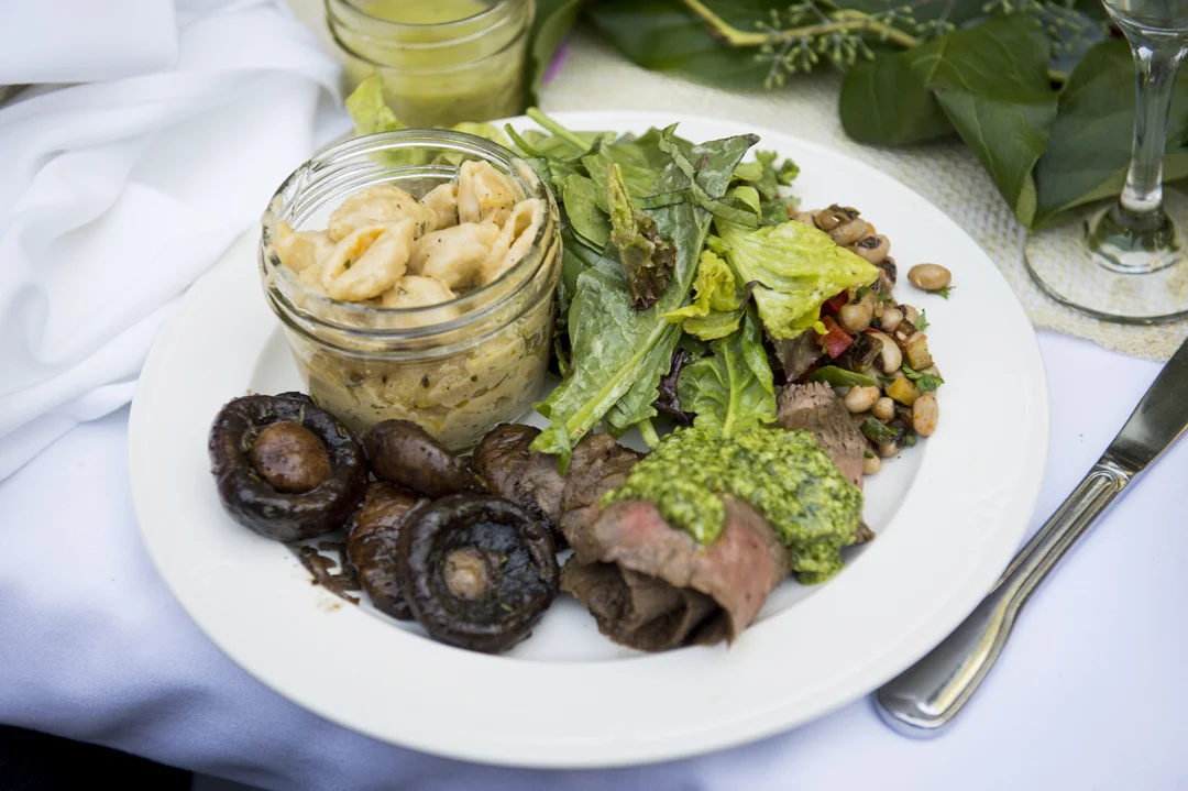 Seared flank steak with chimichurri, roasted cre