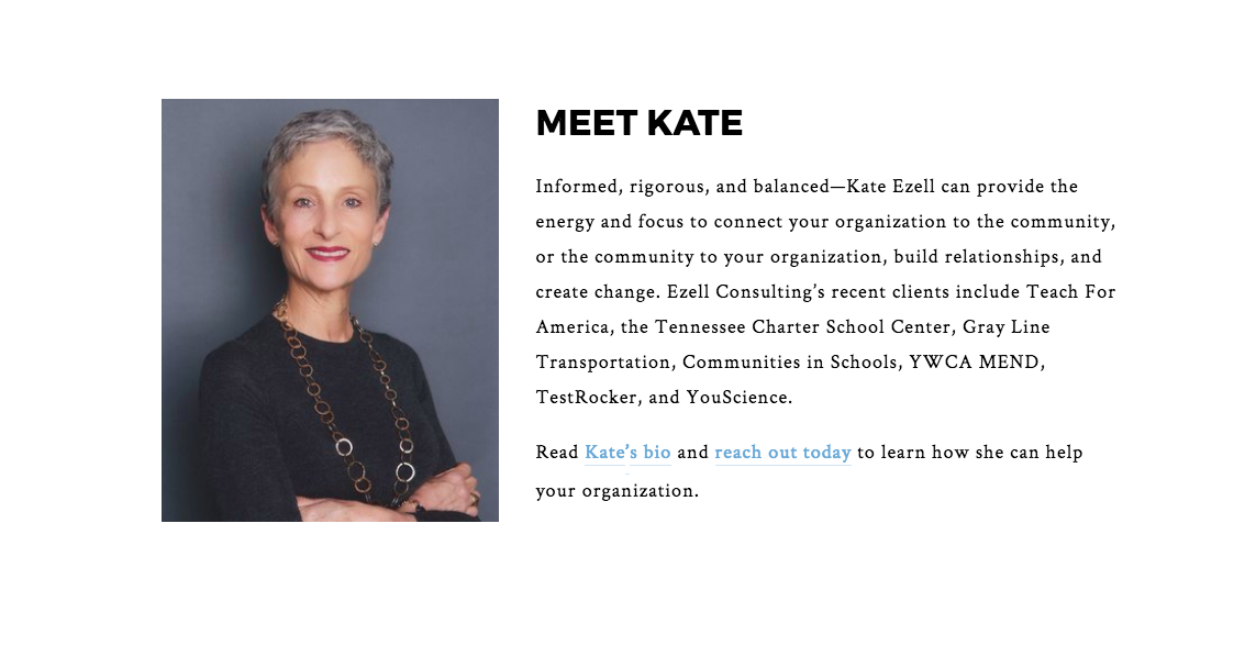Kate Ezell, CEO of Ezell Consulting. Learn more about how I helped this Nashville business owner develop her website using Squarespace .