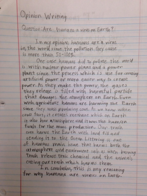Opinion Writing: "Are humans a virus on Earth?" by Steven