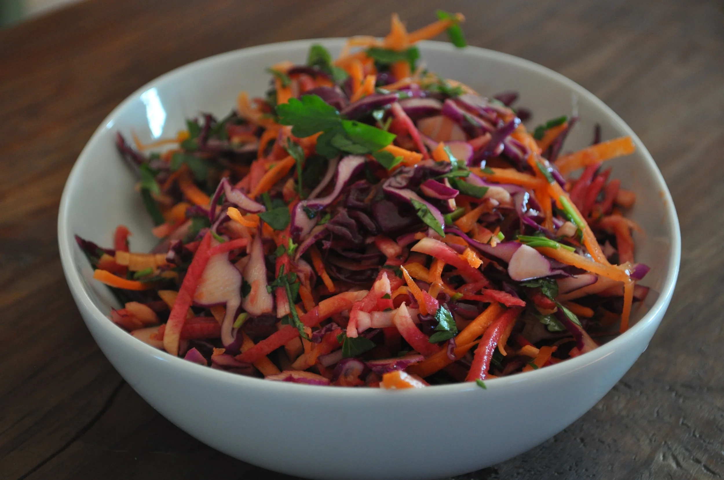 Rainbow Winter Slaw with Cider Syrup Vinaigrette