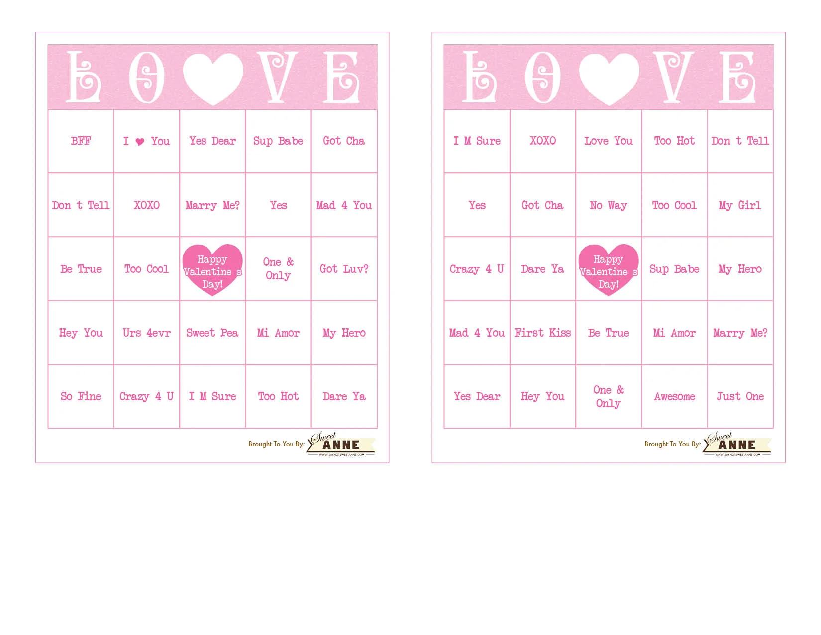 Valentines Bingo Game