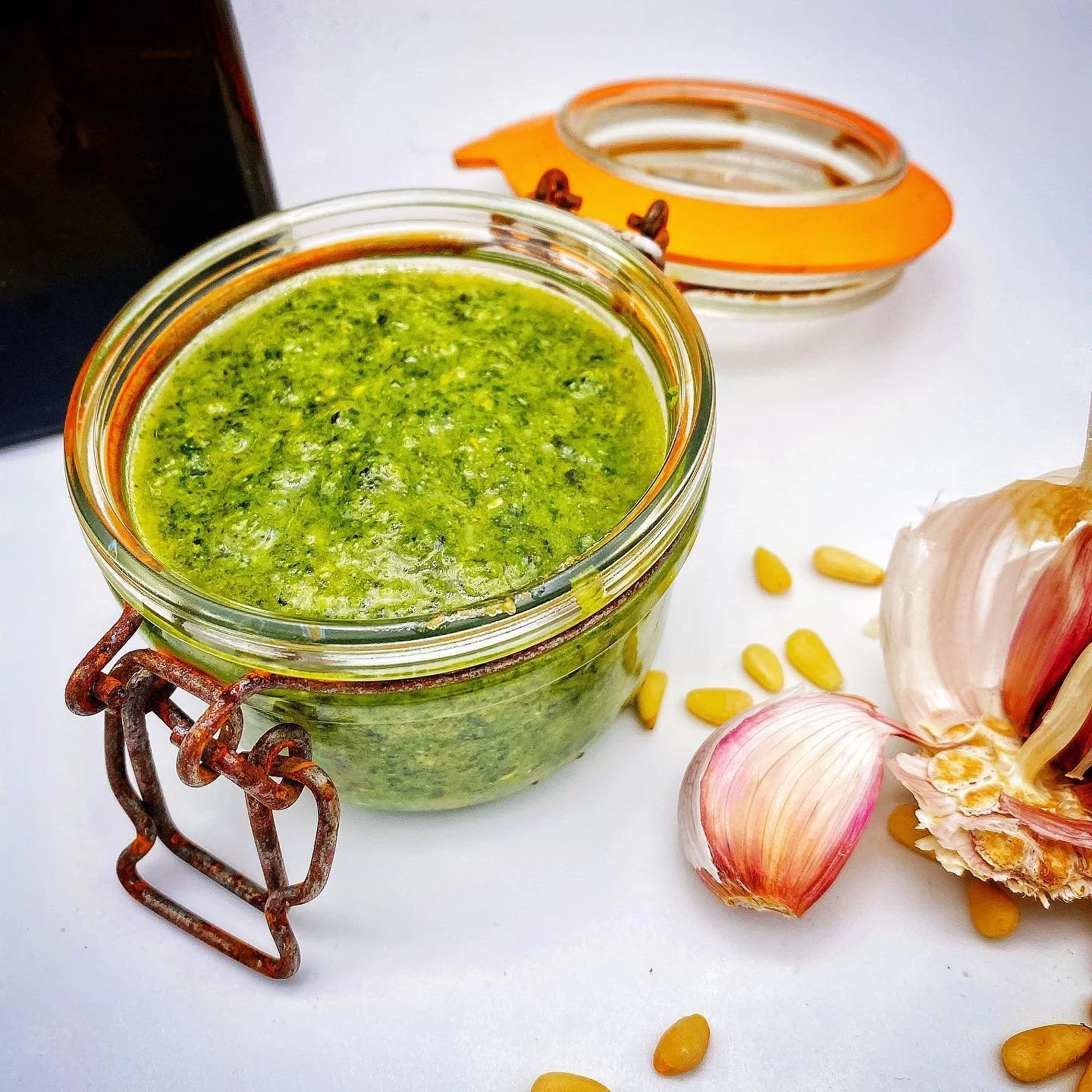 Pesto 
&bull;
There&rsquo;s always a jar of pesto lurking in my fridge. It&rsquo;s one of those fridge essentials, that serves as a foundation for so many meals during a manic week, or a lazy weekend. The obvious is to mix it into cooked pasta to cre
