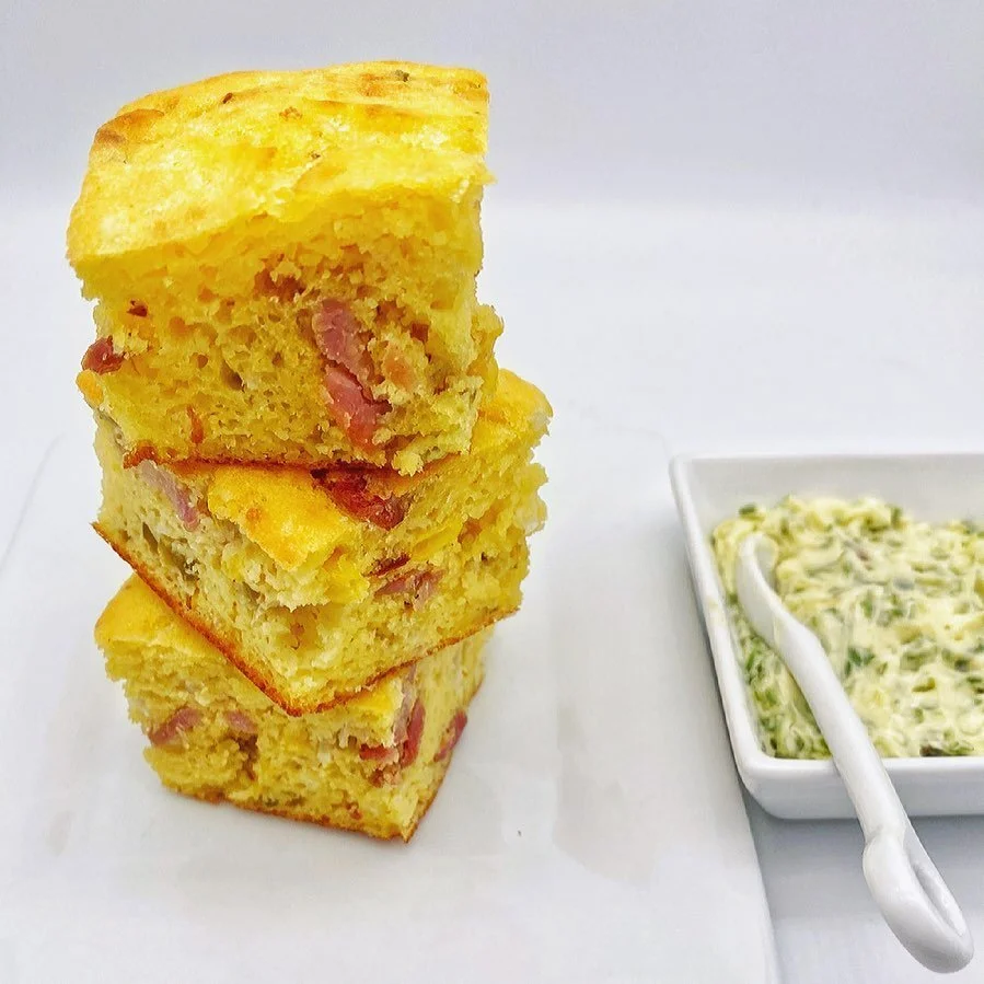 Cornbread served with a coriander and chilli butter
&bull;
Cornbread is one of my ultimate comfort food favourites. I just can&rsquo;t resist it fresh and hot out of the oven slathered with my coriander and chilli butter. This recipe has a perfect fl
