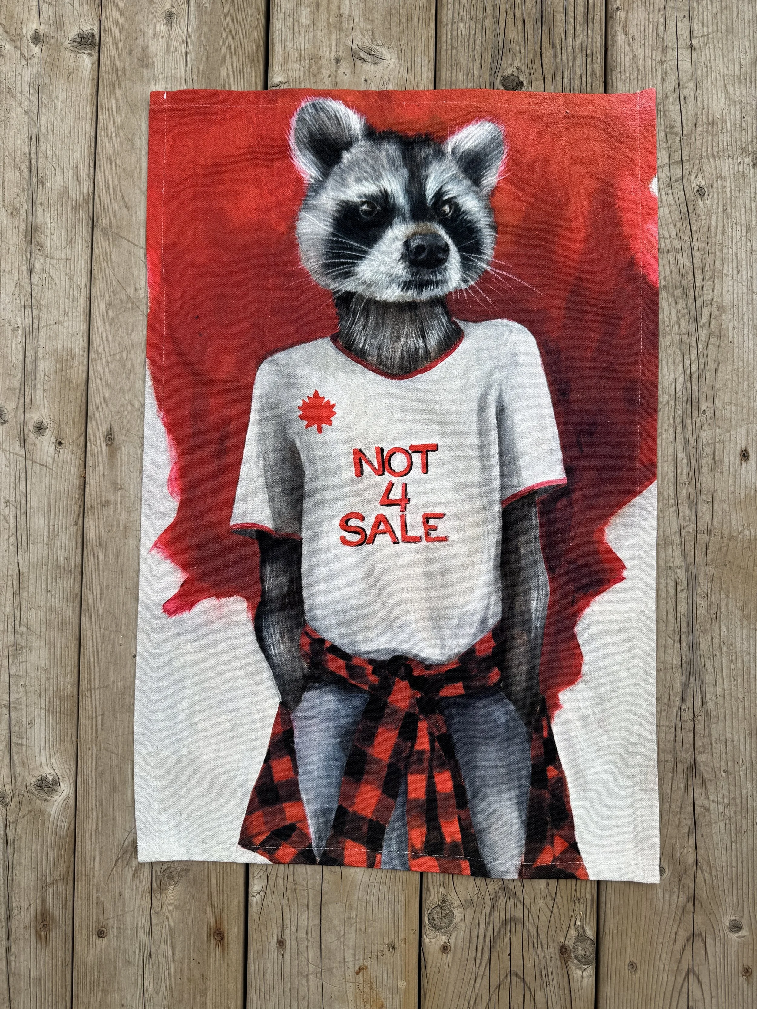 raccoon tea towel Canadian gifts made from original art patriotic Canadian gifts