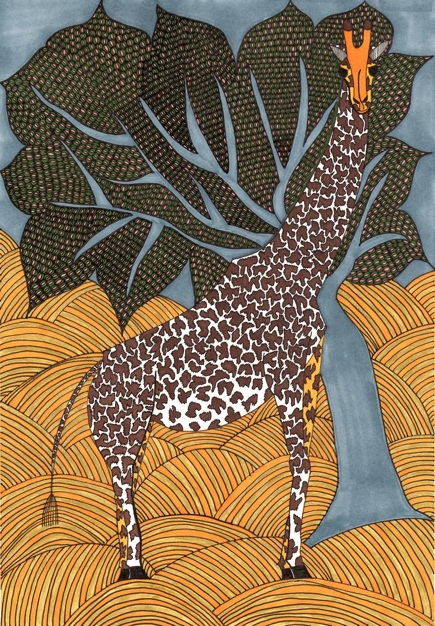 Giraffe under a tree with a smirk