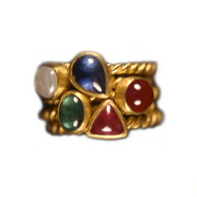 22K Gold, Pearl, Sapphire, Ruby, Emerald, & Pink Tourmaline Ring 