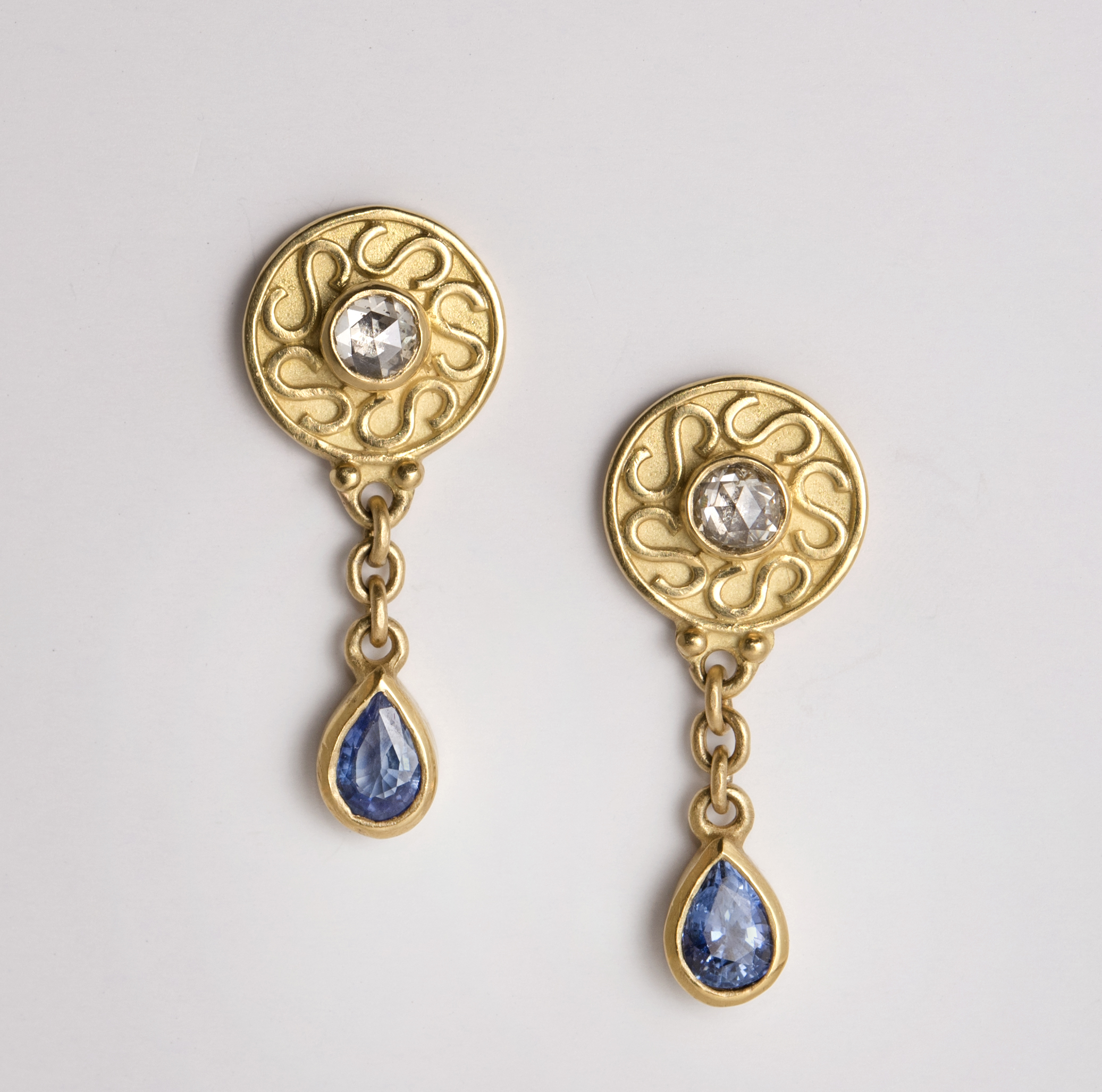 20K Rose Cut Diamond and Sapphire Earrings
