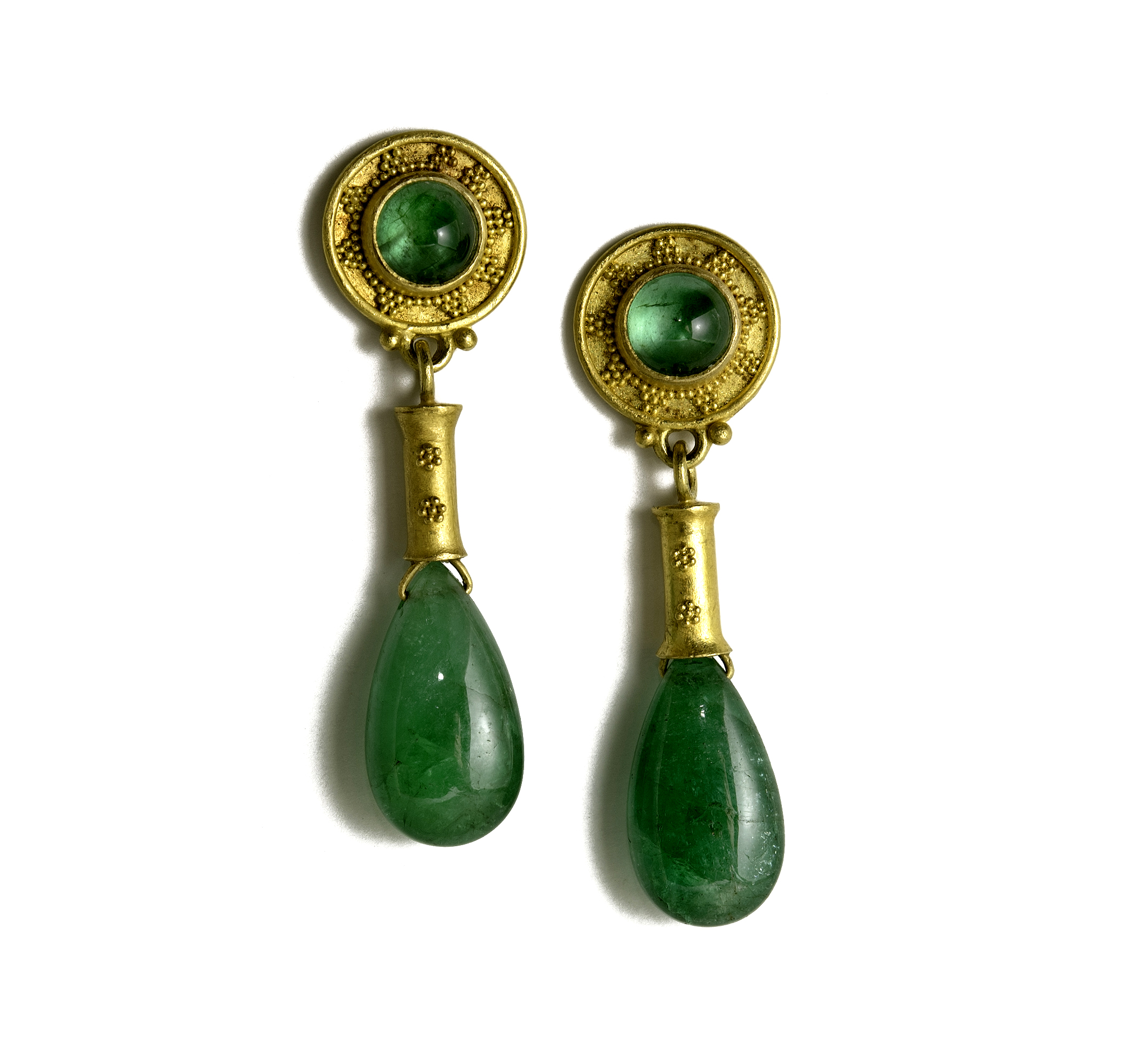 22K Gold , Granulated Cabachon Emerald Drop Earrings