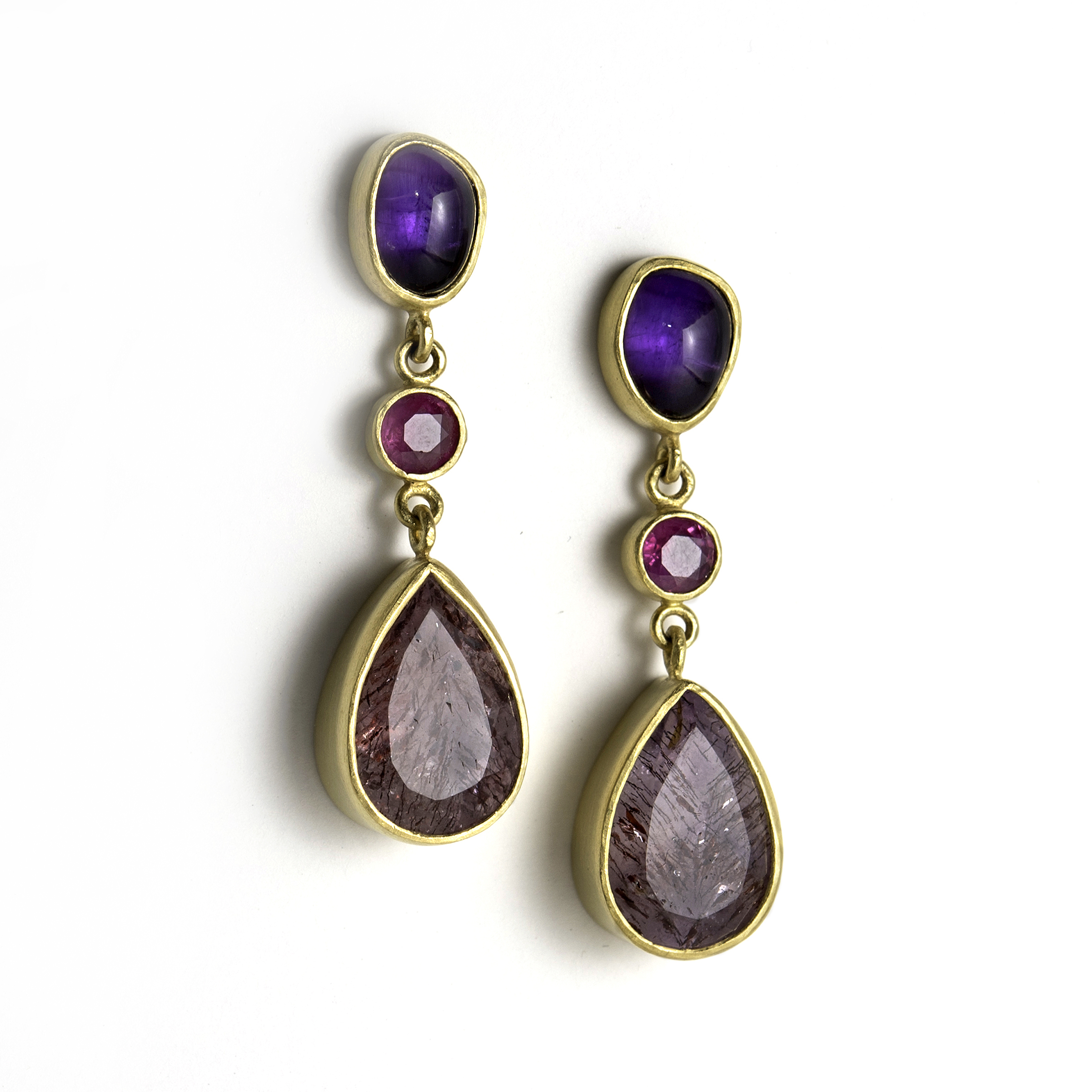 22Kt Amethyst, Ruby, and Strawberry Dendritic Quartz Earrings
