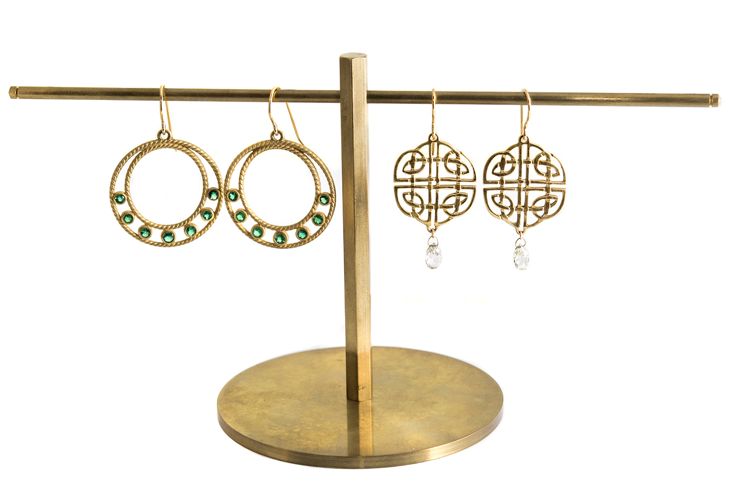 20Kt Braided Round Emerald Drop Earrings, and 20Kt Open Wire Diamond Briolette Drop Earrings