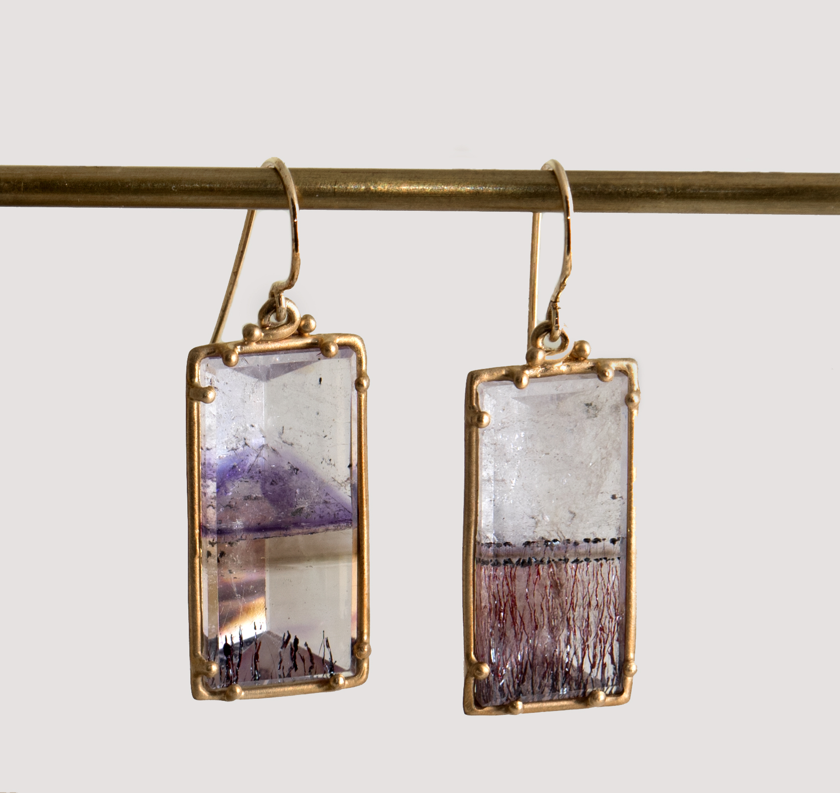10Kt Amethyst, Strawberry Dendritic Quartz Drop Earrings