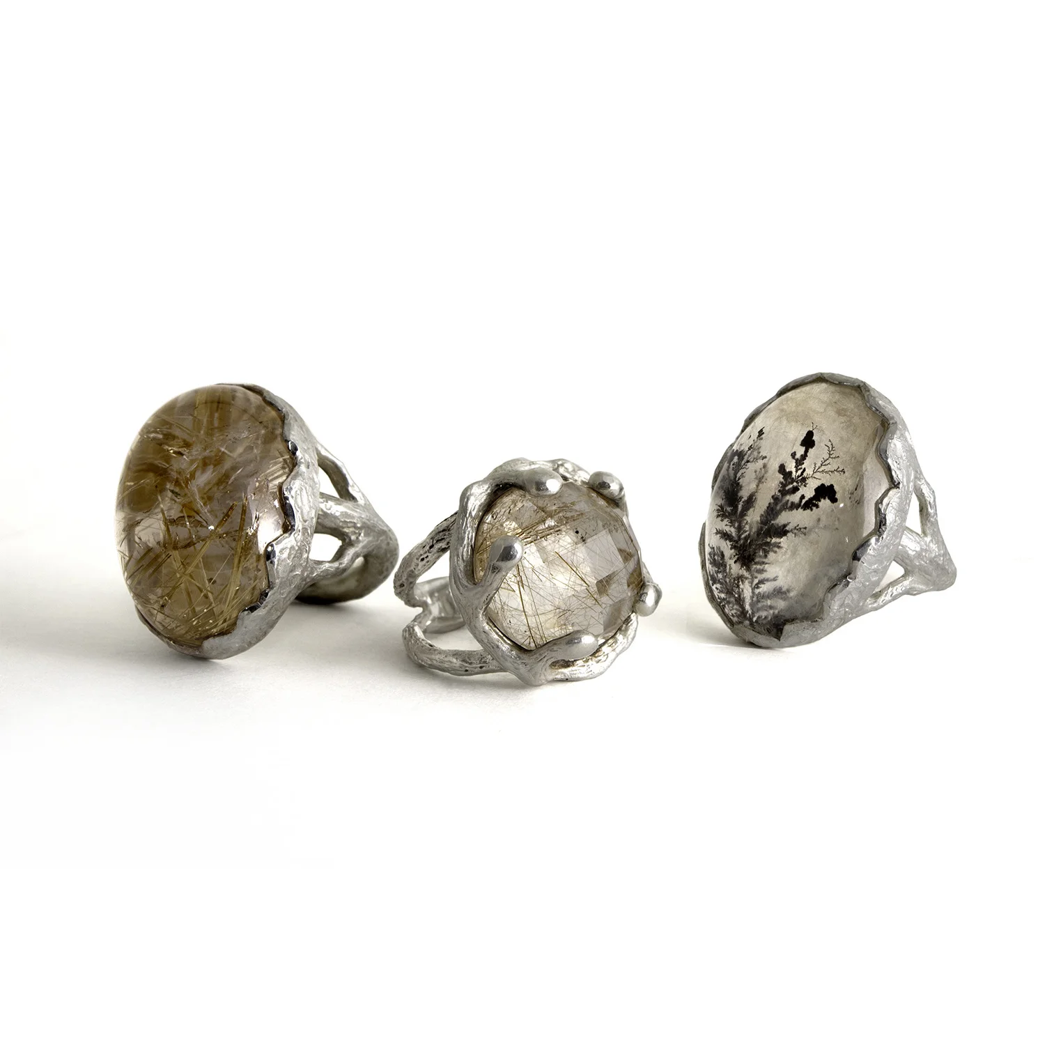Sterling Silver Rudilated and Dendritic Quartz Rings