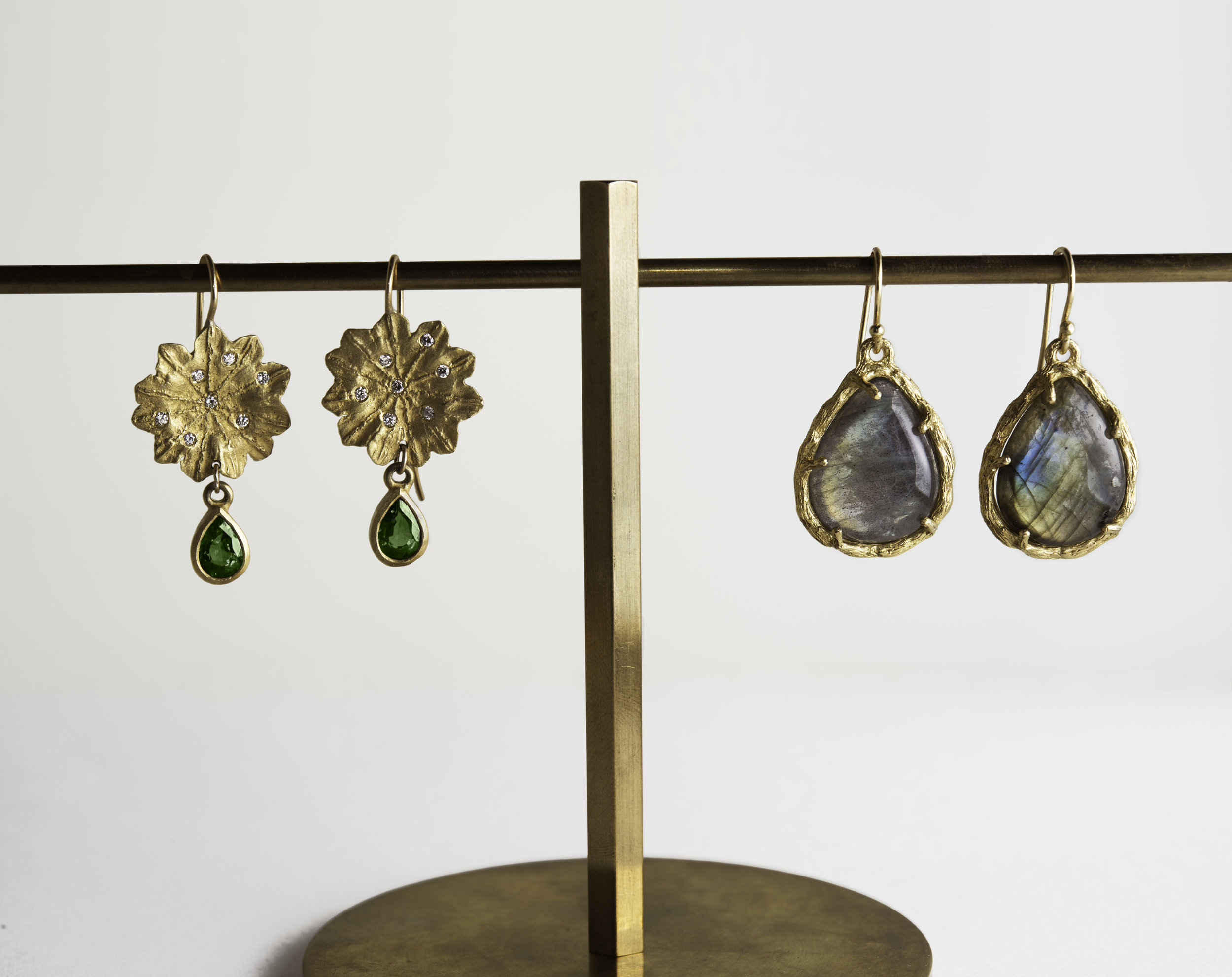 20Kt Diamond Flower, Green Tourmaline Drop Earrings, 20K Branch Labradorite Drop Earrings