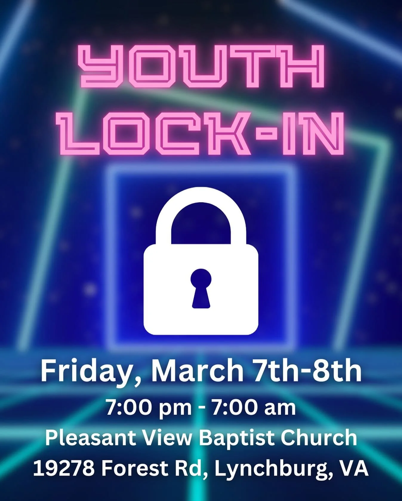 Come lock in with us for an all-nighter at PVBC! We&rsquo;ll have food, games, movies, and a devotion. Put it on your calendars and bring a friend! 🔒 🌙