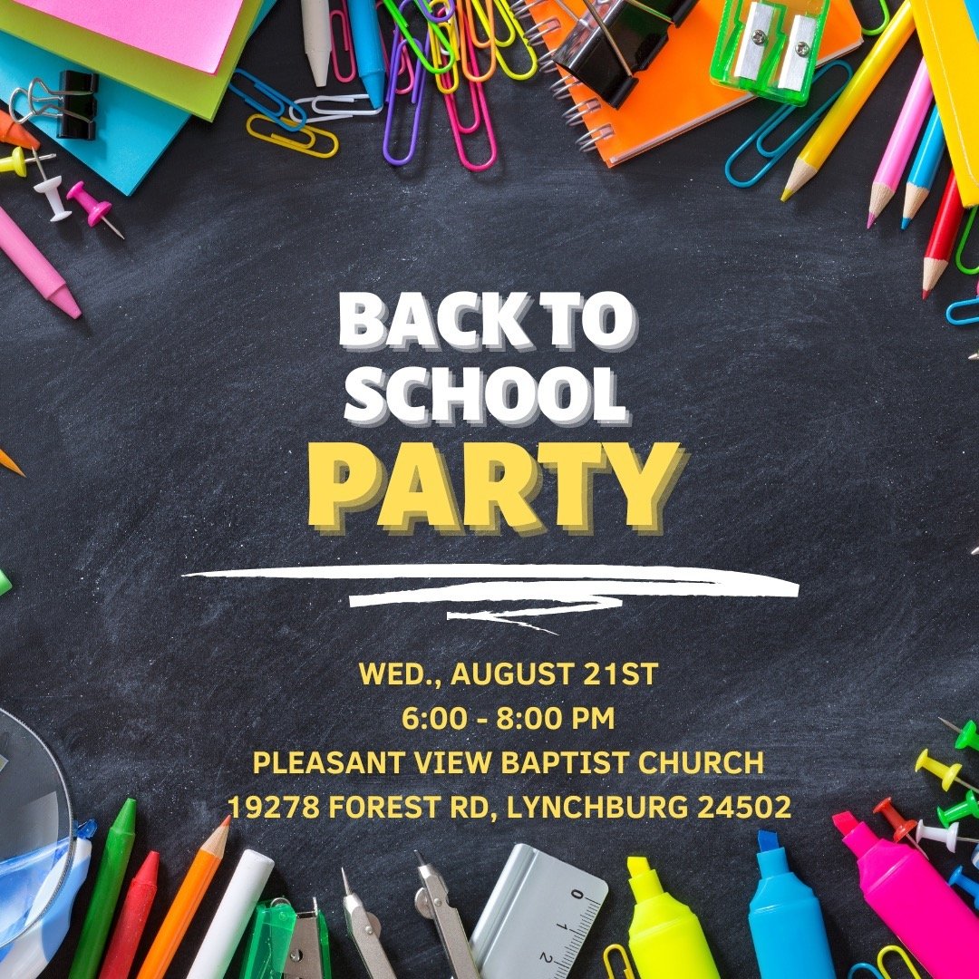 Join us at PVBC on Wednesday August 21st from 6:00 - 8:00 PM for our Back to School party! We will have inflatables, games, music, snacks, and prizes. Don't Miss out!