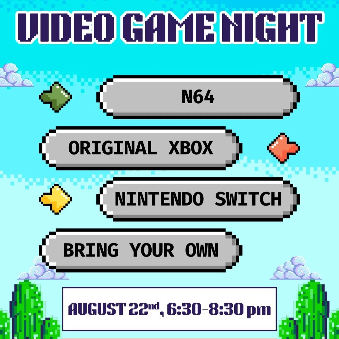 Come game with us on August 22nd from 6:30-8:30 while we play some retro games and eat some pizza! Feel free to bring your own console and games! 🎮🍕