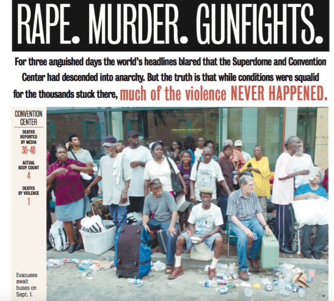 Newspaper article highlights how reports about Katrina's victims were exaggerated.
