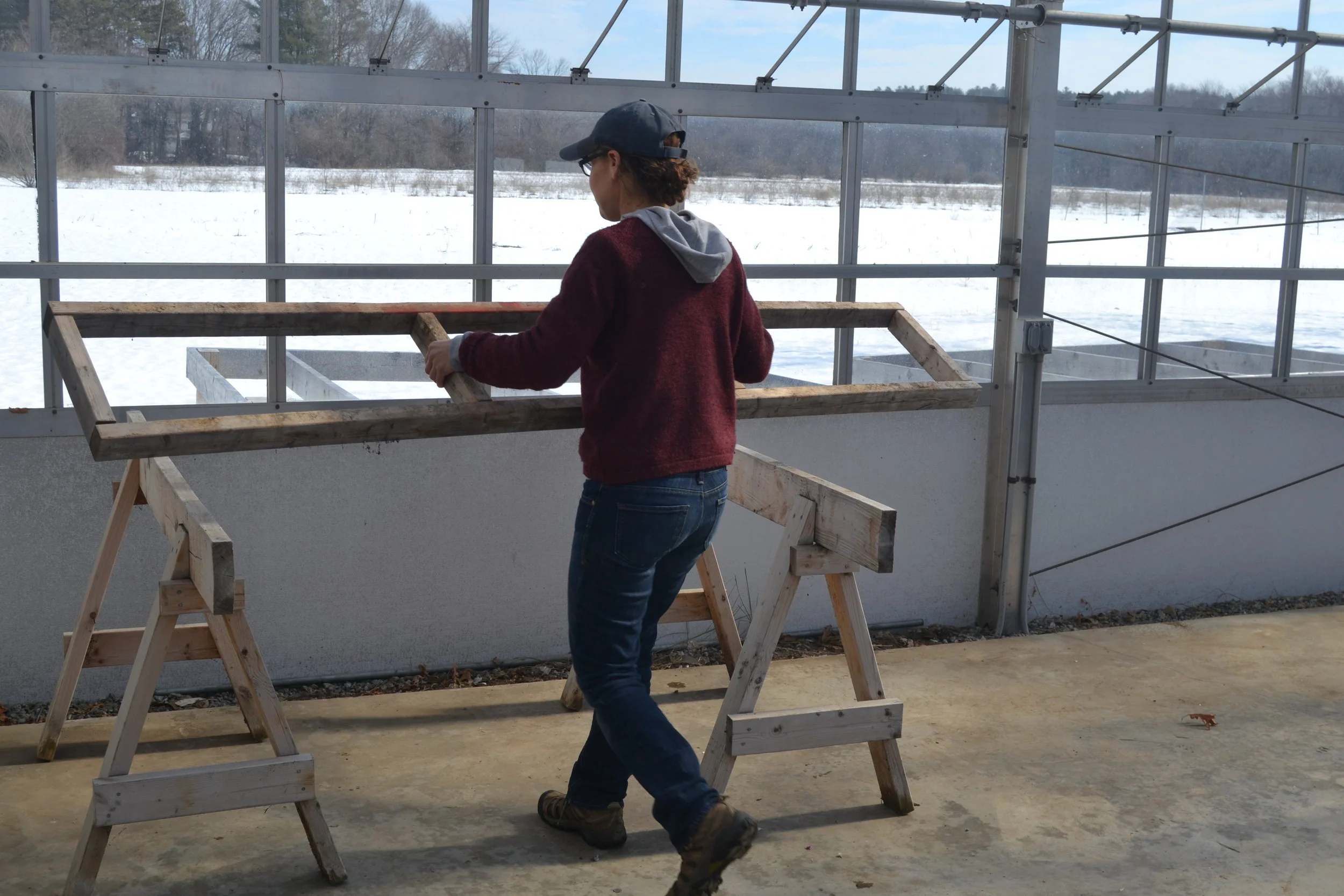 Melissa begins to set up the greenhouse for seeding in March.
